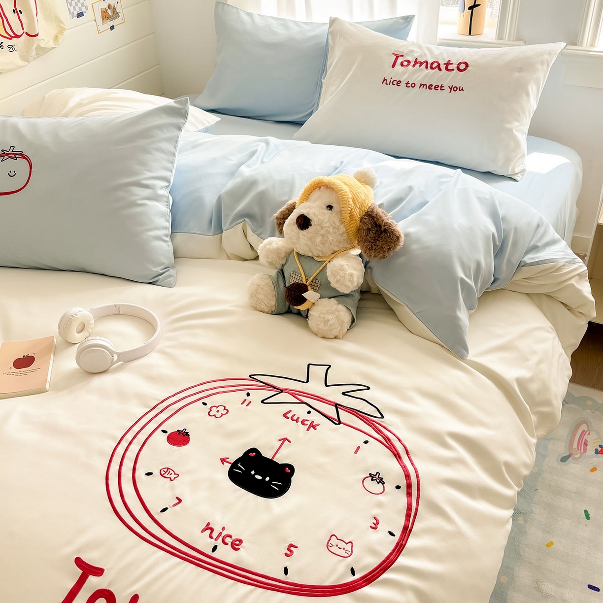 91家纺网 家纺一手货源 找家纺 我心家纺 2026新款卡通刺绣四件套 小猫番茄钟-白