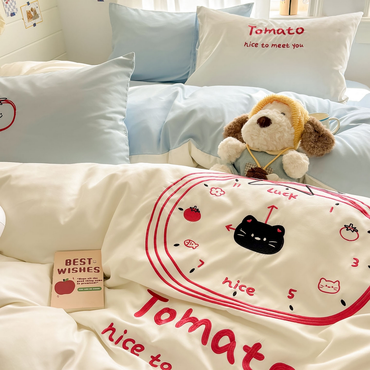 91家纺网 家纺一手货源 找家纺 我心家纺 2026新款卡通刺绣四件套 小猫番茄钟-白