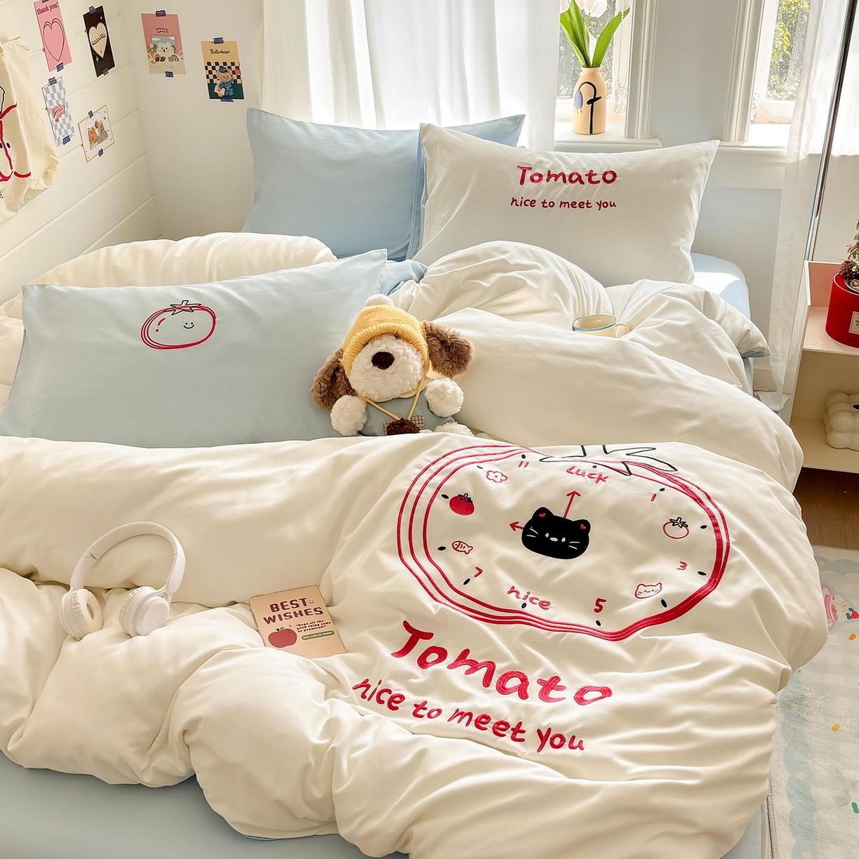 91家纺网 家纺一手货源 找家纺 我心家纺 2026新款卡通刺绣四件套 小猫番茄钟-白