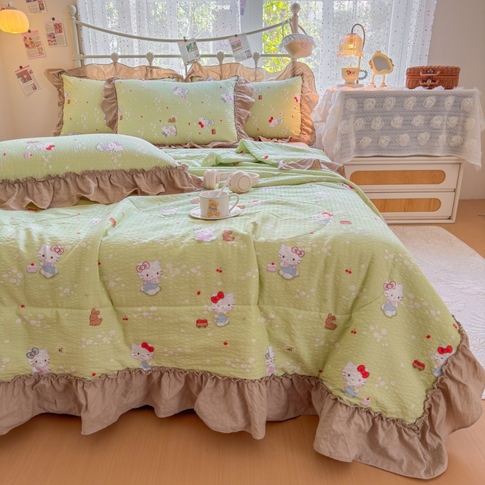 91家纺网 家纺一手货源 找家纺 梵希雅 2026新款泡芙纱床盖夏被四件套 小猫拉车