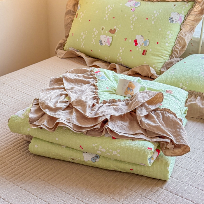 91家纺网 家纺一手货源 找家纺 梵希雅 2026新款泡芙纱床盖夏被四件套 小猫拉车