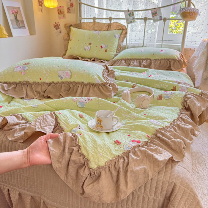 91家纺网 家纺一手货源 找家纺 梵希雅 2026新款泡芙纱床盖夏被四件套 小猫拉车