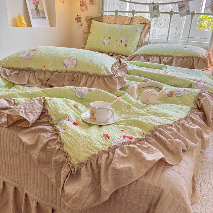 91家纺网 家纺一手货源 找家纺 梵希雅 2026新款泡芙纱床盖夏被四件套 小猫拉车