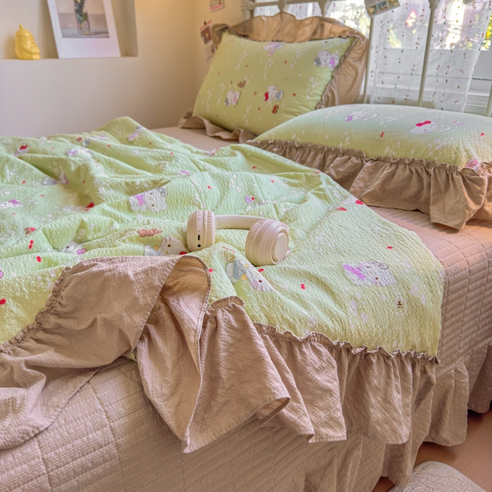 91家纺网 家纺一手货源 找家纺 梵希雅 2026新款泡芙纱床盖夏被四件套 小猫拉车