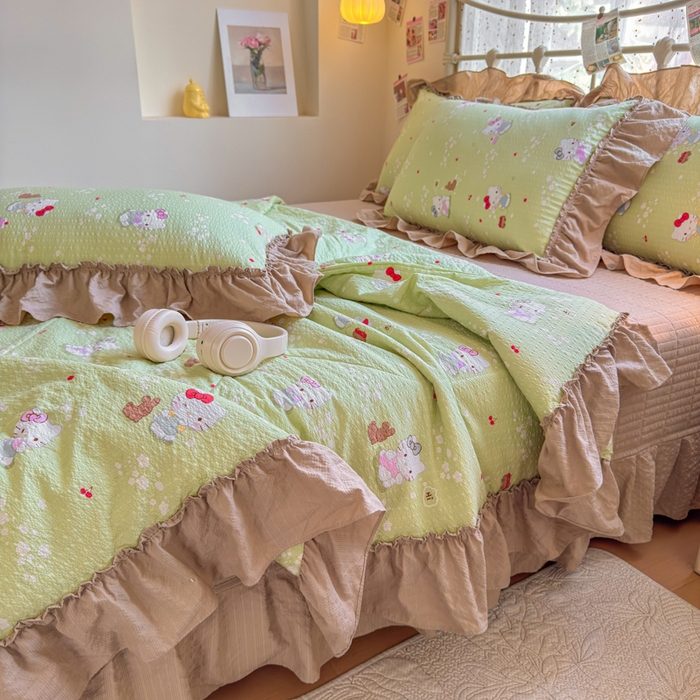 91家纺网 家纺一手货源 找家纺 梵希雅 2026新款泡芙纱床盖夏被四件套 小猫拉车