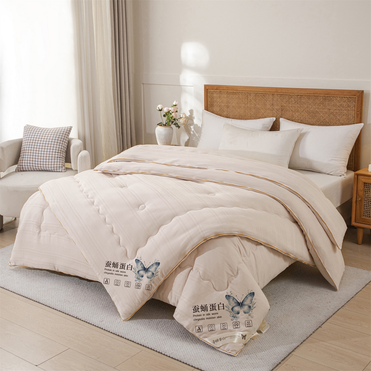 91家纺网 家纺一手货源 找家纺 小禹仔家纺 2026新款全棉提花拉链款蚕蛹蛋白子母被冬被春秋被夏被被子被芯加厚棉被-缎条系列 缎条-浅咖