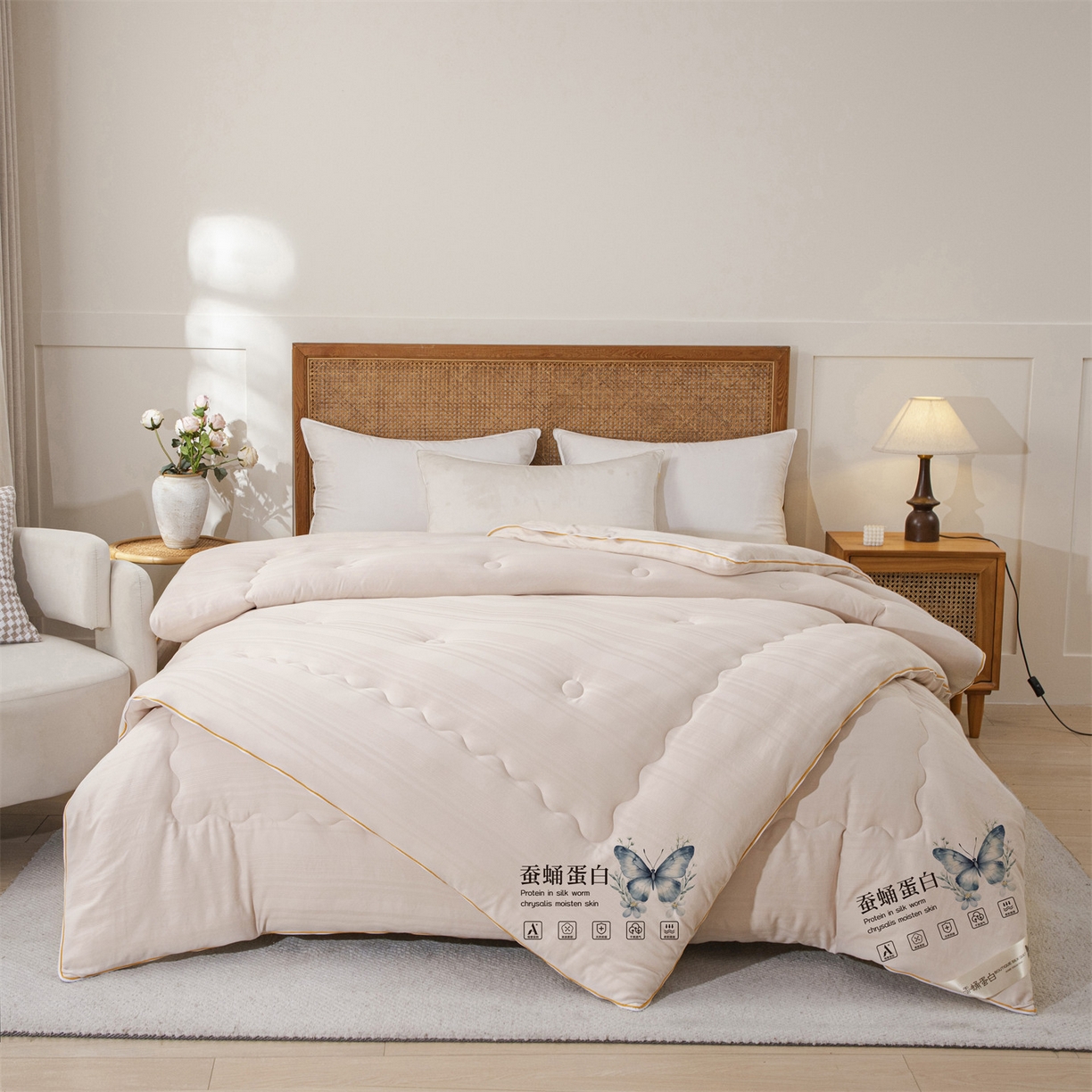 91家纺网 家纺一手货源 找家纺 小禹仔家纺 2026新款全棉提花拉链款蚕蛹蛋白子母被冬被春秋被夏被被子被芯加厚棉被-缎条系列 缎条-浅咖