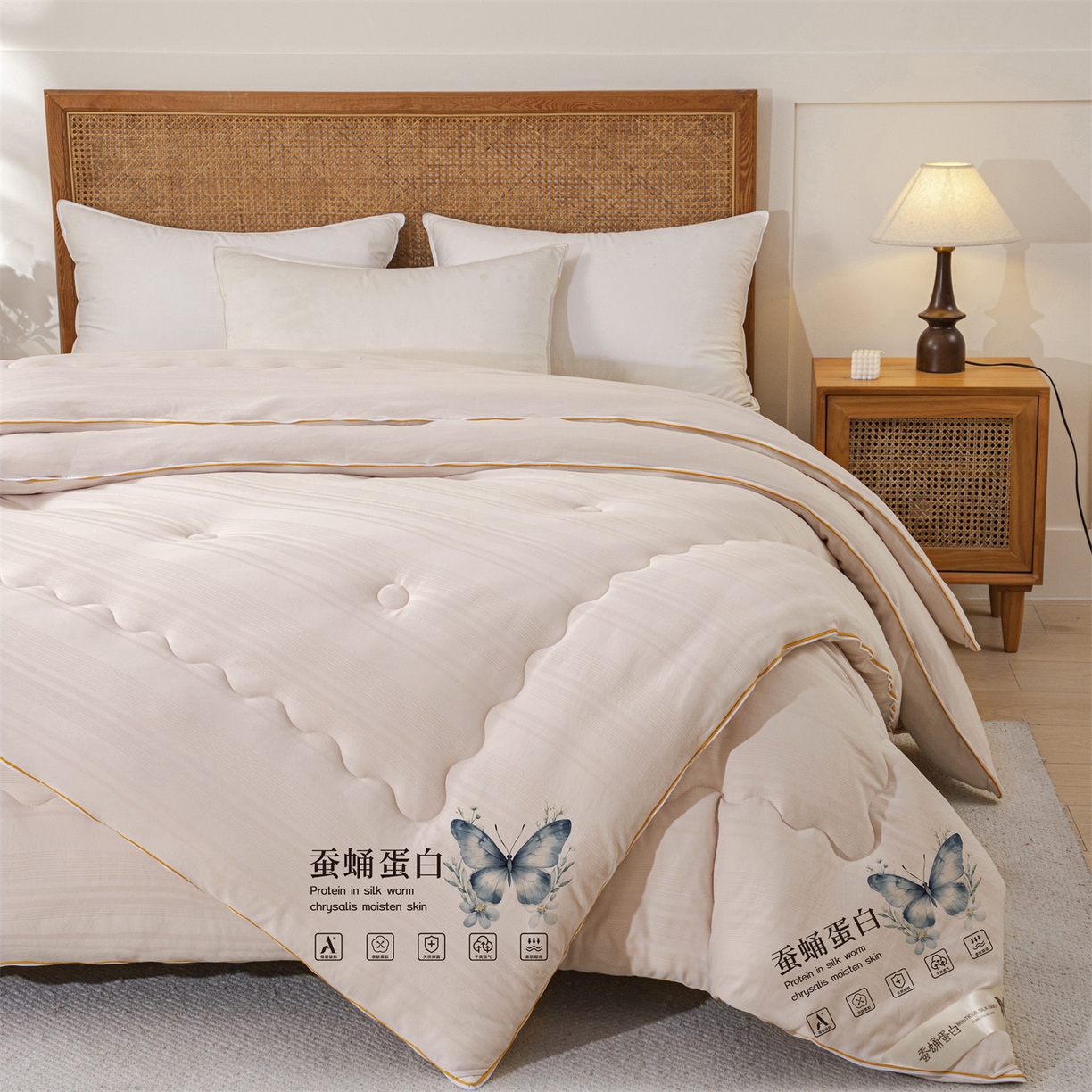 91家纺网 家纺一手货源 找家纺 小禹仔家纺 2026新款全棉提花拉链款蚕蛹蛋白子母被冬被春秋被夏被被子被芯加厚棉被-缎条系列 缎条-浅咖