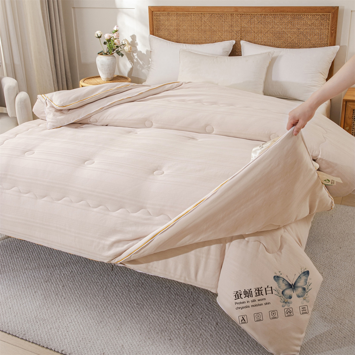 91家纺网 家纺一手货源 找家纺 小禹仔家纺 2026新款全棉提花拉链款蚕蛹蛋白子母被冬被春秋被夏被被子被芯加厚棉被-缎条系列 缎条-浅咖