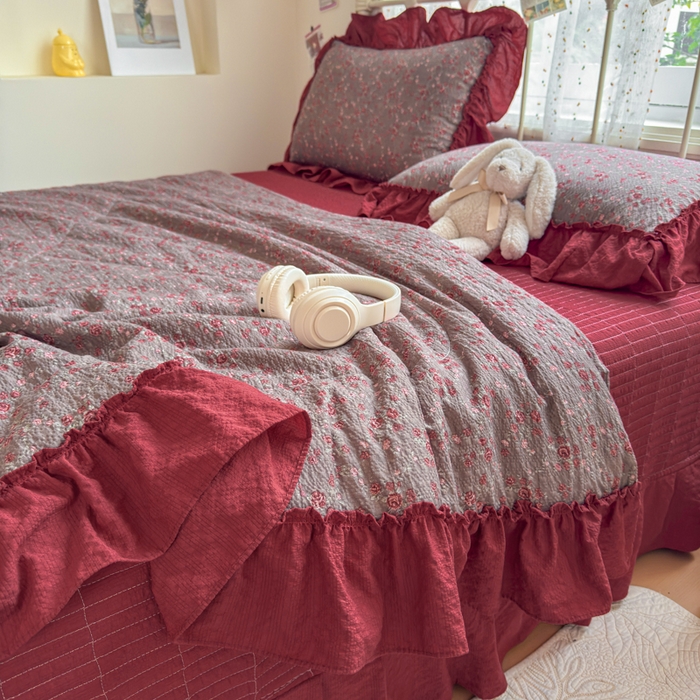 91家纺网 家纺一手货源 找家纺 梵希雅 2026新款泡芙纱床盖夏被四件套 胭脂