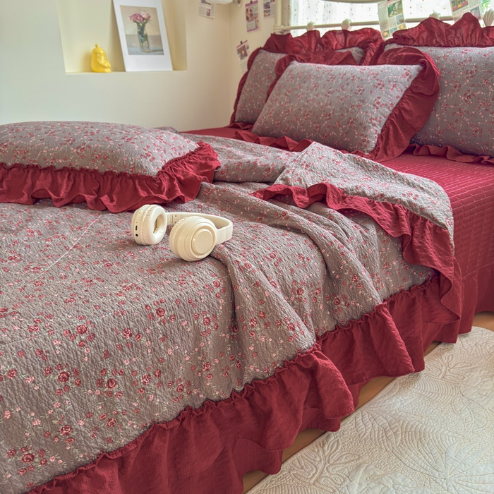 91家纺网 家纺一手货源 找家纺 梵希雅 2026新款泡芙纱床盖夏被四件套 胭脂