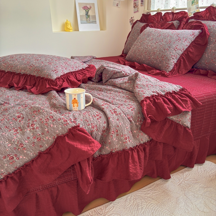 91家纺网 家纺一手货源 找家纺 梵希雅 2026新款泡芙纱床盖夏被四件套 胭脂