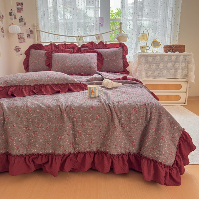 91家纺网 家纺一手货源 找家纺 梵希雅 2026新款泡芙纱床盖夏被四件套 胭脂