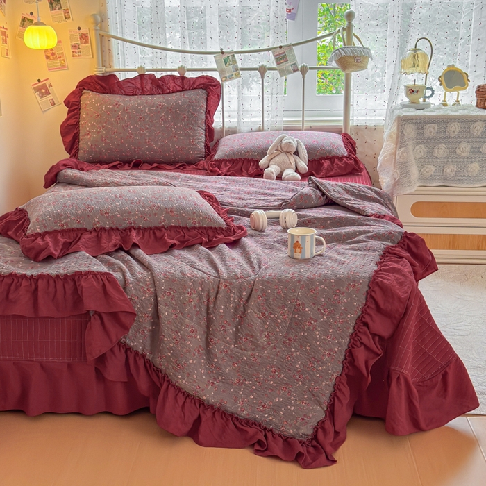 91家纺网 家纺一手货源 找家纺 梵希雅 2026新款泡芙纱床盖夏被四件套 胭脂