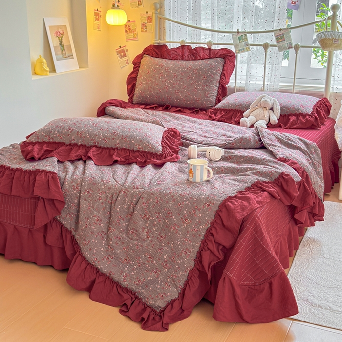 91家纺网 家纺一手货源 找家纺 梵希雅 2026新款泡芙纱床盖夏被四件套 胭脂