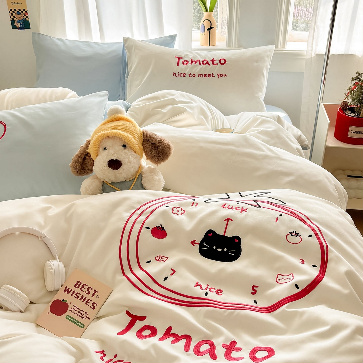 91家纺网 家纺一手货源 找家纺 我心家纺 2026新款卡通刺绣四件套 小猫番茄钟-白