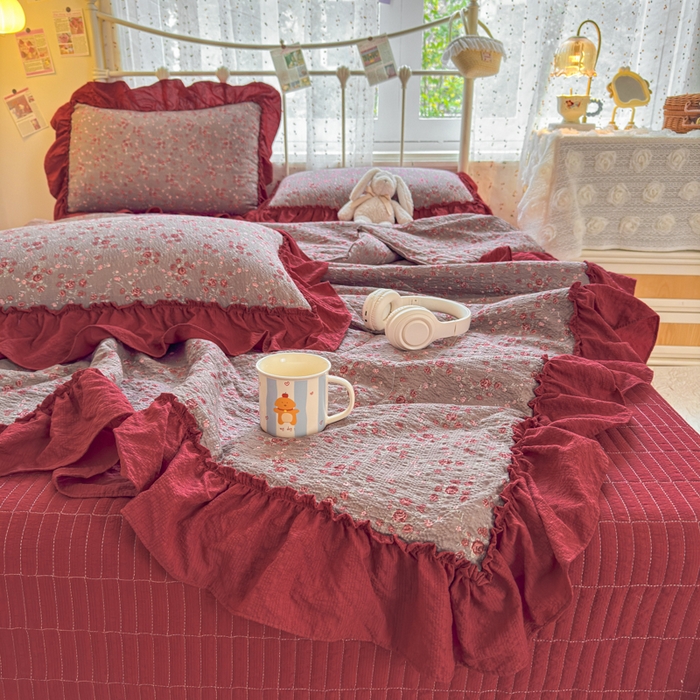 91家纺网 家纺一手货源 找家纺 梵希雅 2026新款泡芙纱床盖夏被四件套 胭脂