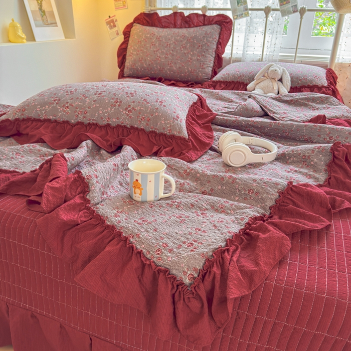 91家纺网 家纺一手货源 找家纺 梵希雅 2026新款泡芙纱床盖夏被四件套 胭脂