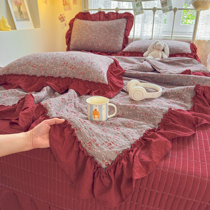 91家纺网 家纺一手货源 找家纺 梵希雅 2026新款泡芙纱床盖夏被四件套 胭脂