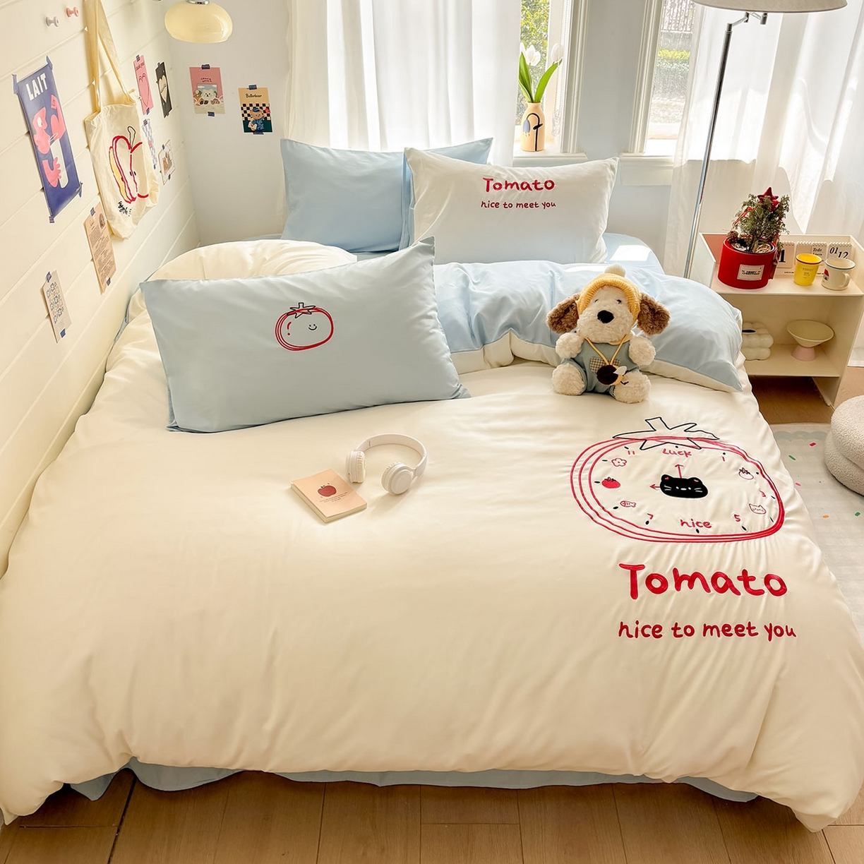 91家纺网 家纺一手货源 找家纺 我心家纺 2026新款卡通刺绣四件套 小猫番茄钟-白