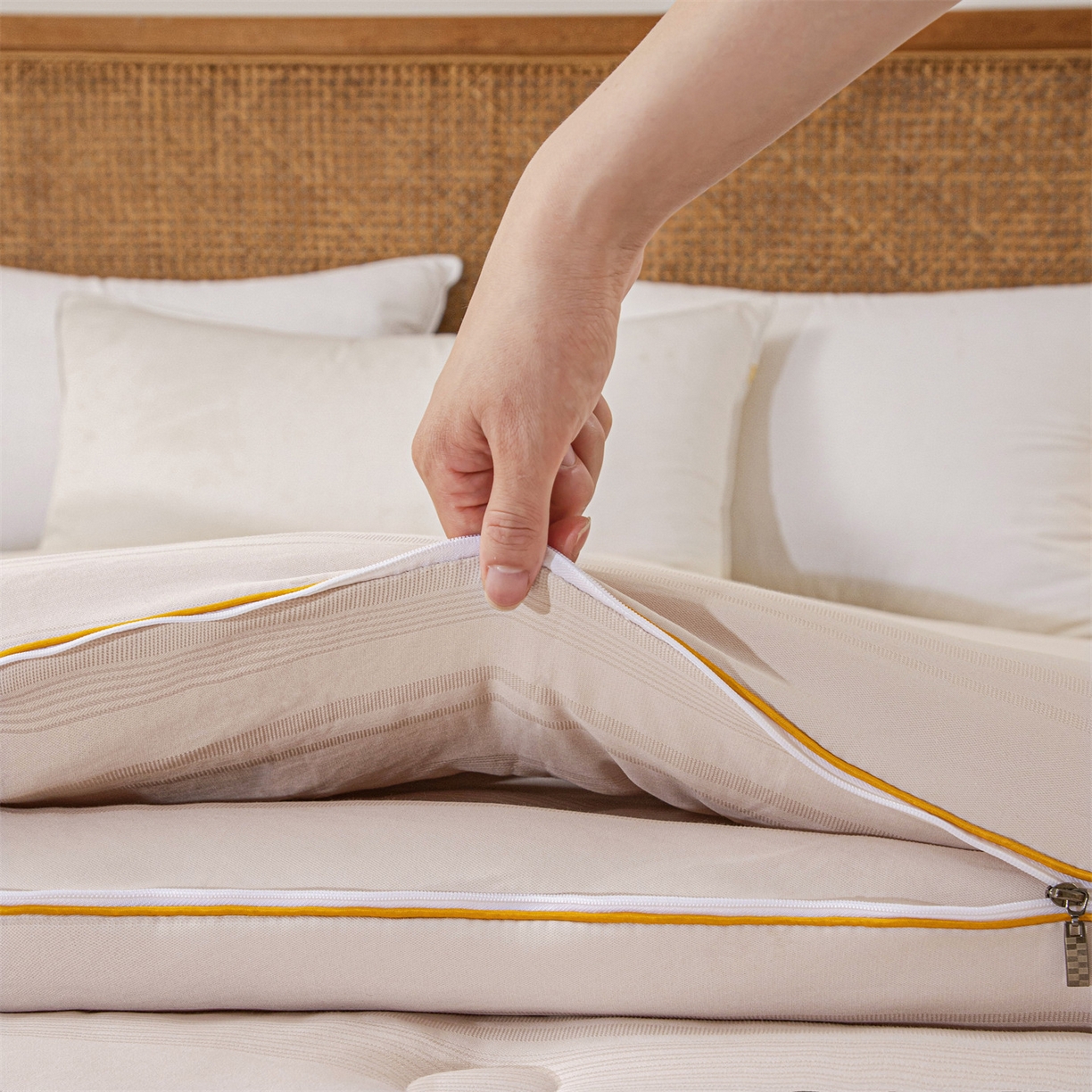 91家纺网 家纺一手货源 找家纺 小禹仔家纺 2026新款全棉提花拉链款蚕蛹蛋白子母被冬被春秋被夏被被子被芯加厚棉被-缎条系列 缎条-浅咖