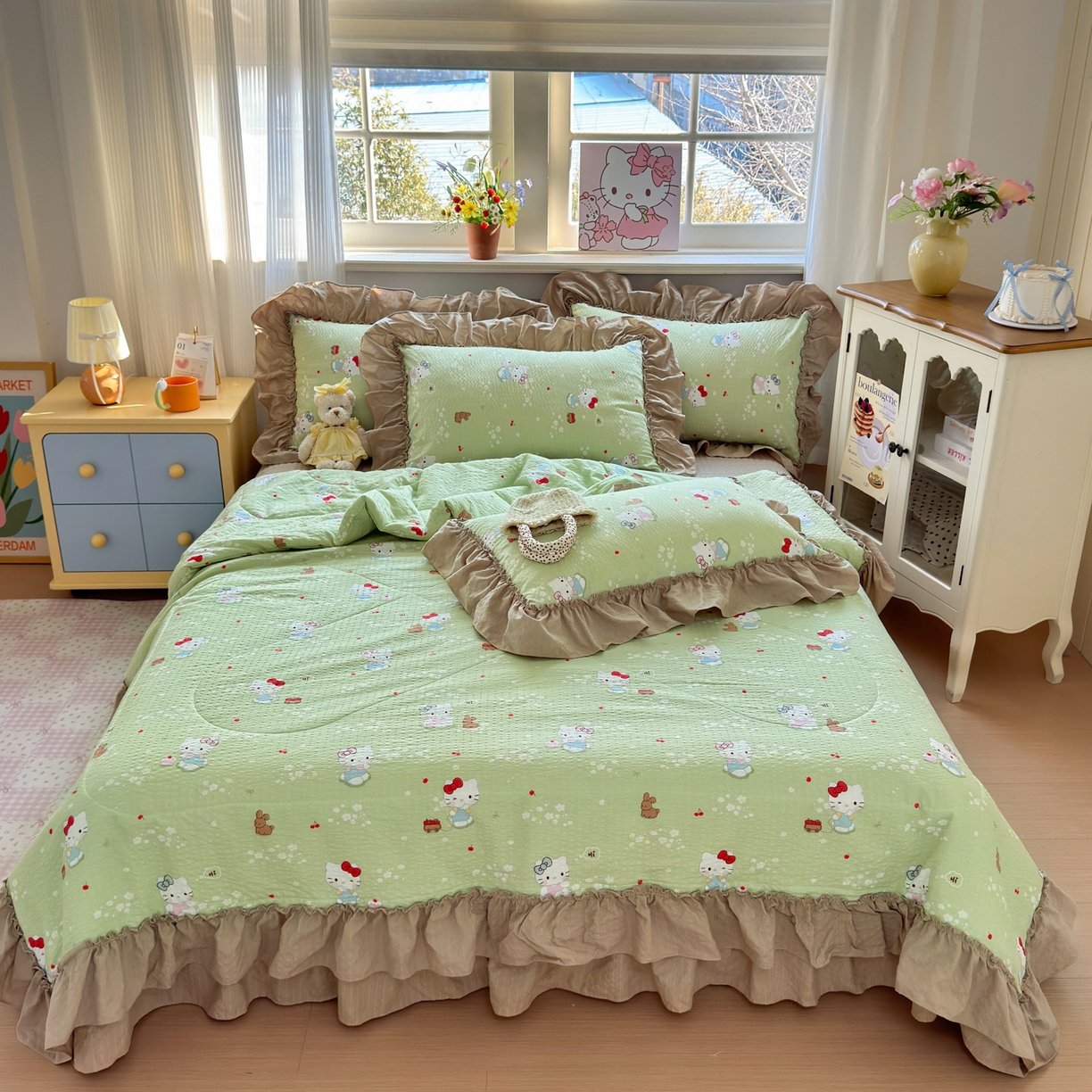 91家纺网 家纺一手货源 找家纺 禾沐 2026新款云感泡芙棉床盖夏被四件套AA款（夏被款） 小猫拉车