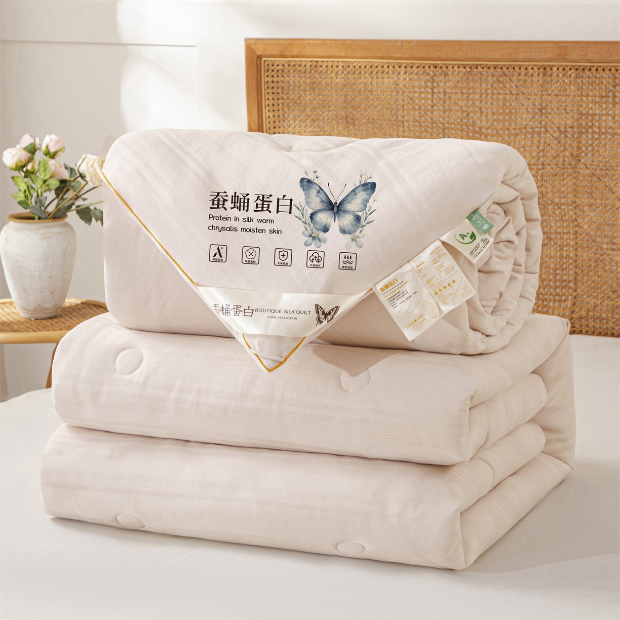 91家纺网 家纺一手货源 找家纺 小禹仔家纺 2026新款全棉提花拉链款蚕蛹蛋白子母被冬被春秋被夏被被子被芯加厚棉被-缎条系列 缎条-浅咖