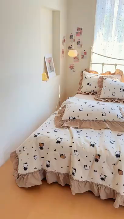 91家纺网 家纺一手货源 找家纺 梵希雅 2026新款泡芙纱床盖夏被四件套 奥利奥小猫