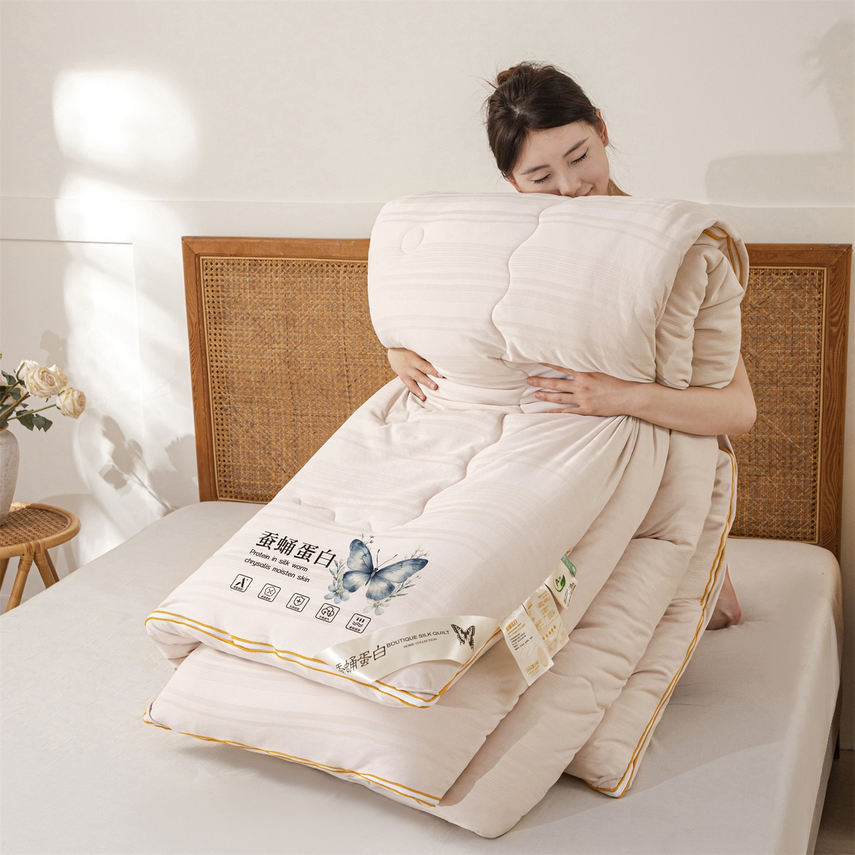 91家纺网 家纺一手货源 找家纺 小禹仔家纺 2026新款全棉提花拉链款蚕蛹蛋白子母被冬被春秋被夏被被子被芯加厚棉被-缎条系列 缎条-浅咖