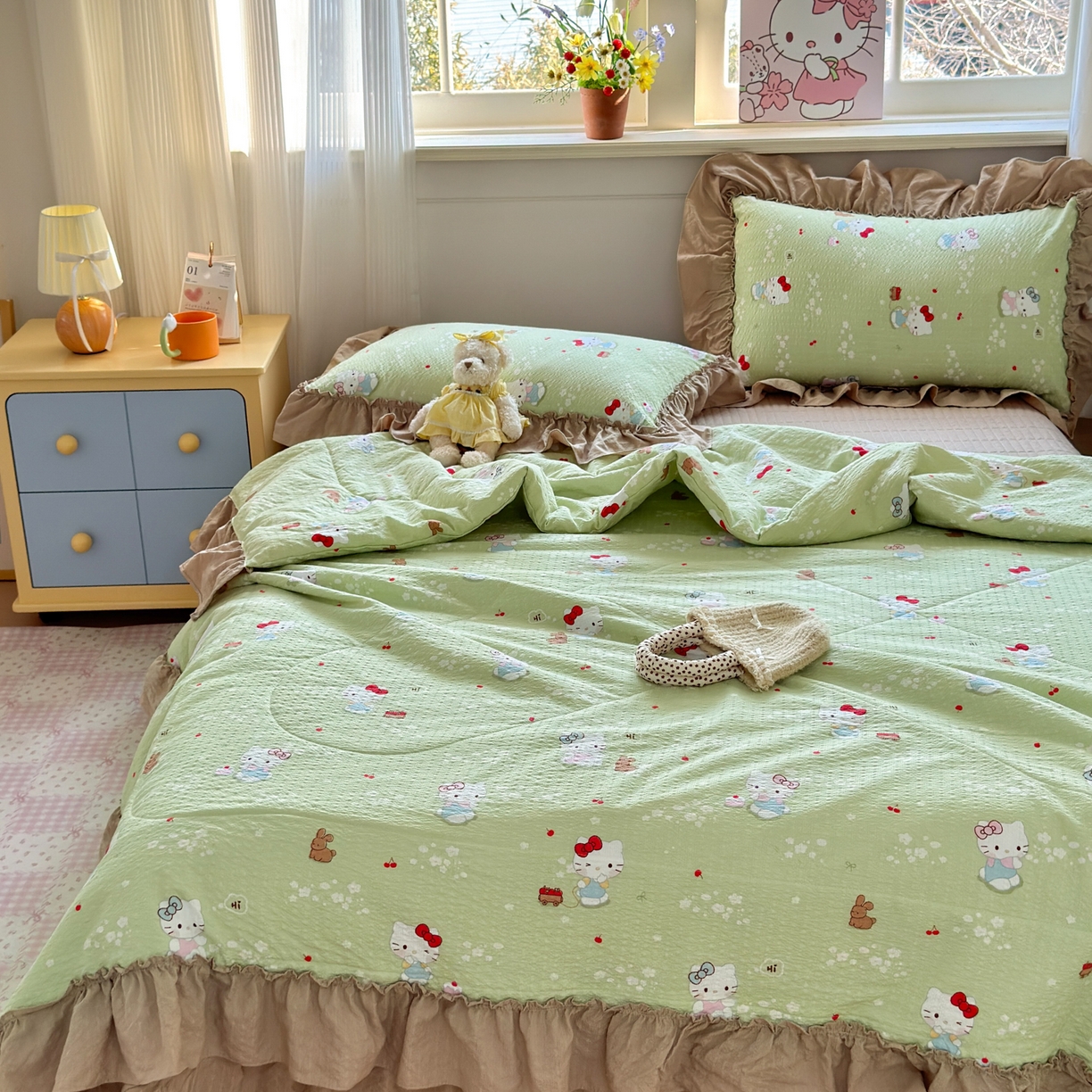 91家纺网 家纺一手货源 找家纺 禾沐 2026新款云感泡芙棉床盖夏被四件套AA款（夏被款） 小猫拉车