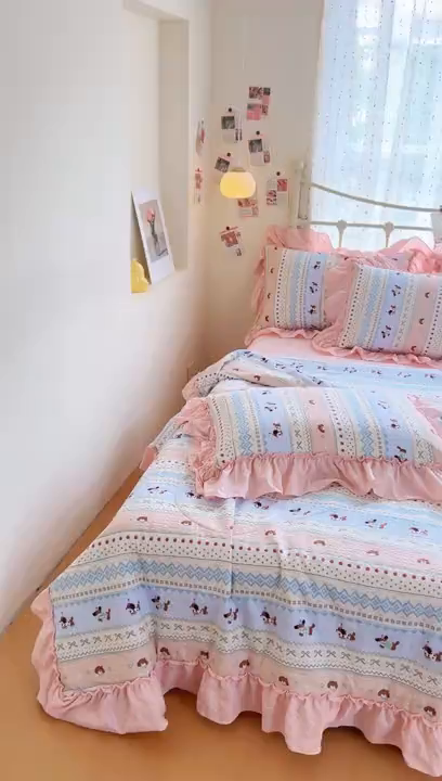 91家纺网 家纺一手货源 找家纺 梵希雅 2026新款泡芙纱床盖夏被四件套 费尔岛小狗