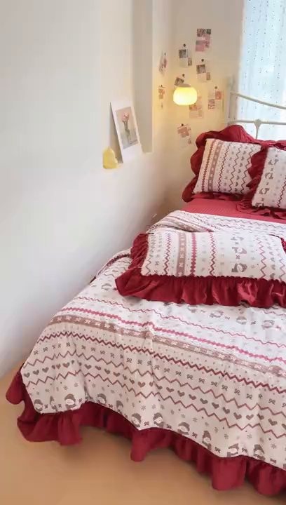 91家纺网 家纺一手货源 找家纺 梵希雅 2026新款泡芙纱床盖夏被四件套 红色小雪人