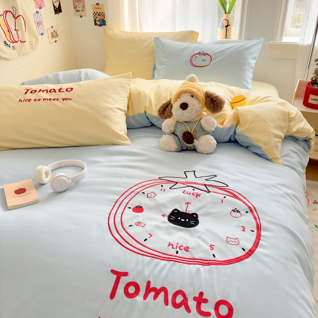 91家纺网 家纺一手货源 找家纺 我心家纺 2026新款卡通刺绣四件套 小猫番茄钟-蓝黄