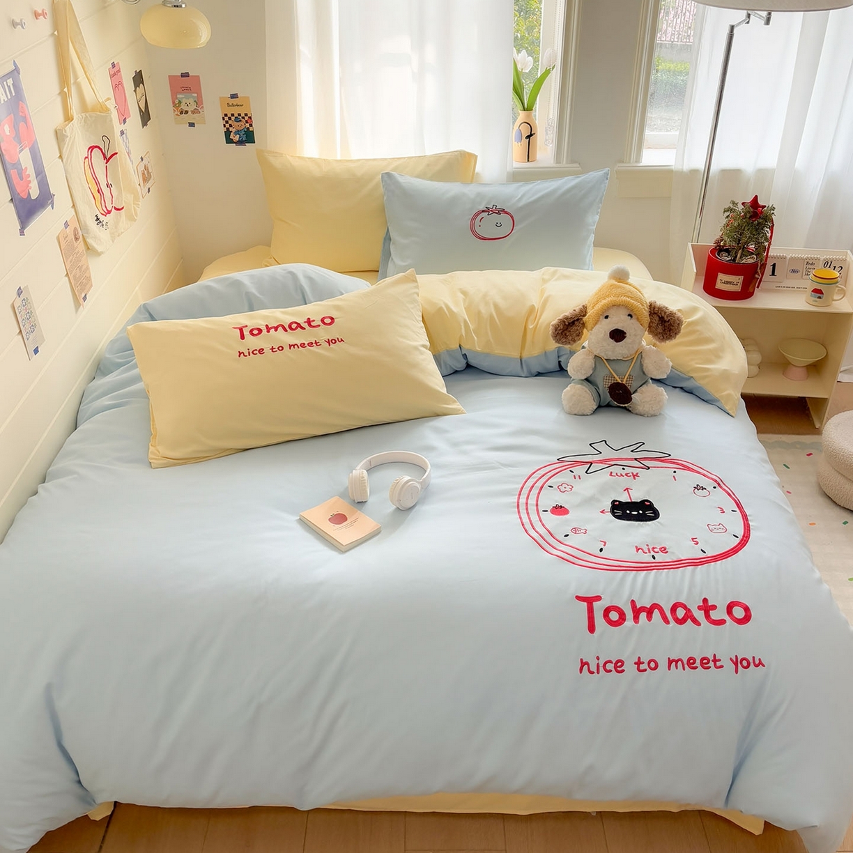 91家纺网 家纺一手货源 找家纺 我心家纺 2026新款卡通刺绣四件套 小猫番茄钟-蓝黄