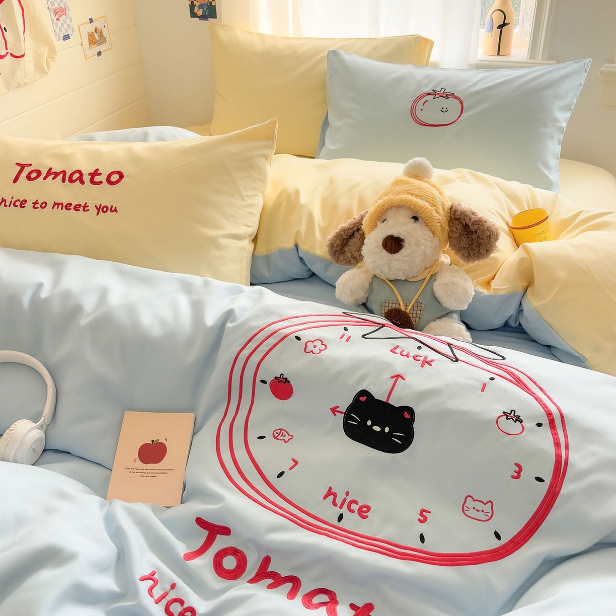 91家纺网 家纺一手货源 找家纺 我心家纺 2026新款卡通刺绣四件套 小猫番茄钟-蓝黄