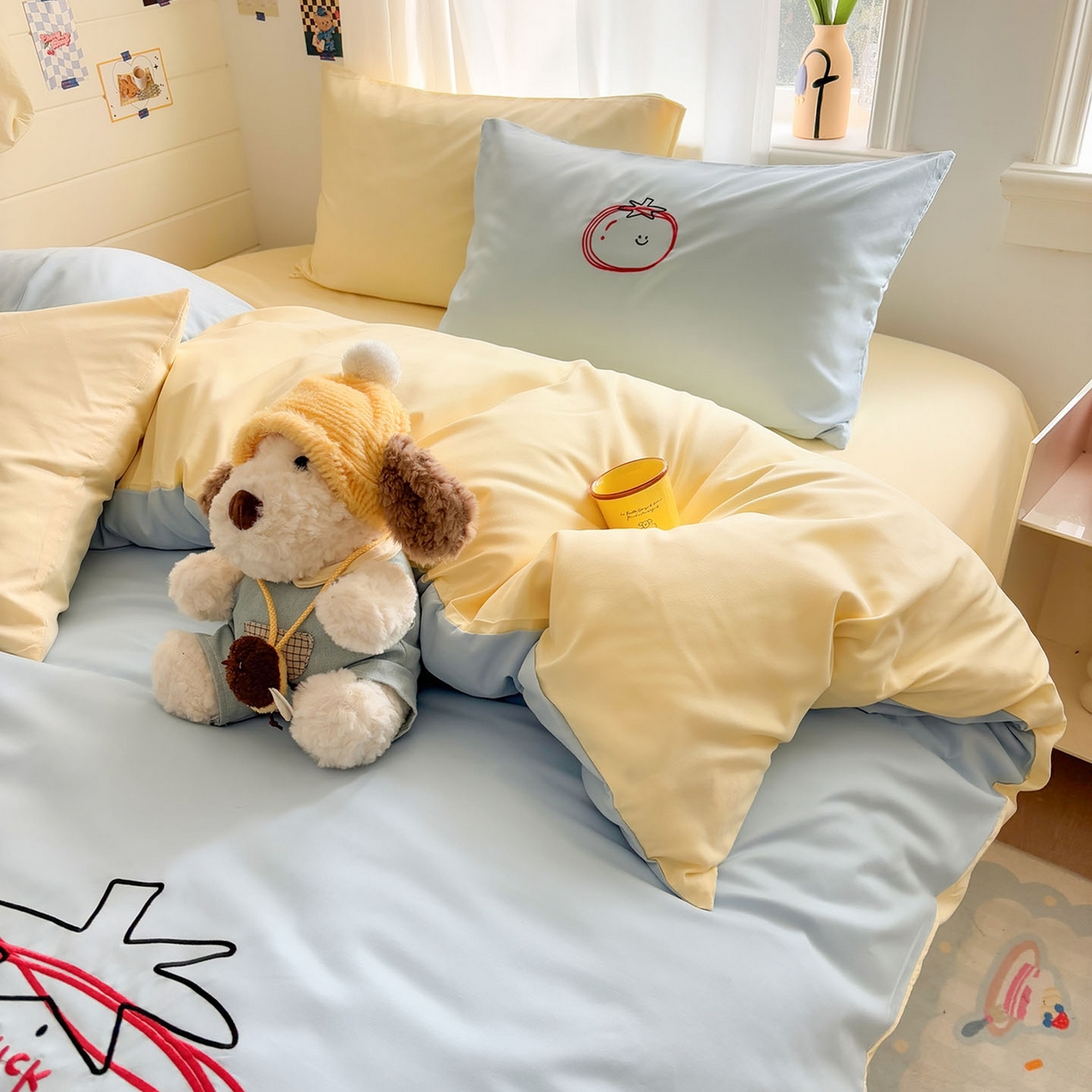 91家纺网 家纺一手货源 找家纺 我心家纺 2026新款卡通刺绣四件套 小猫番茄钟-蓝黄