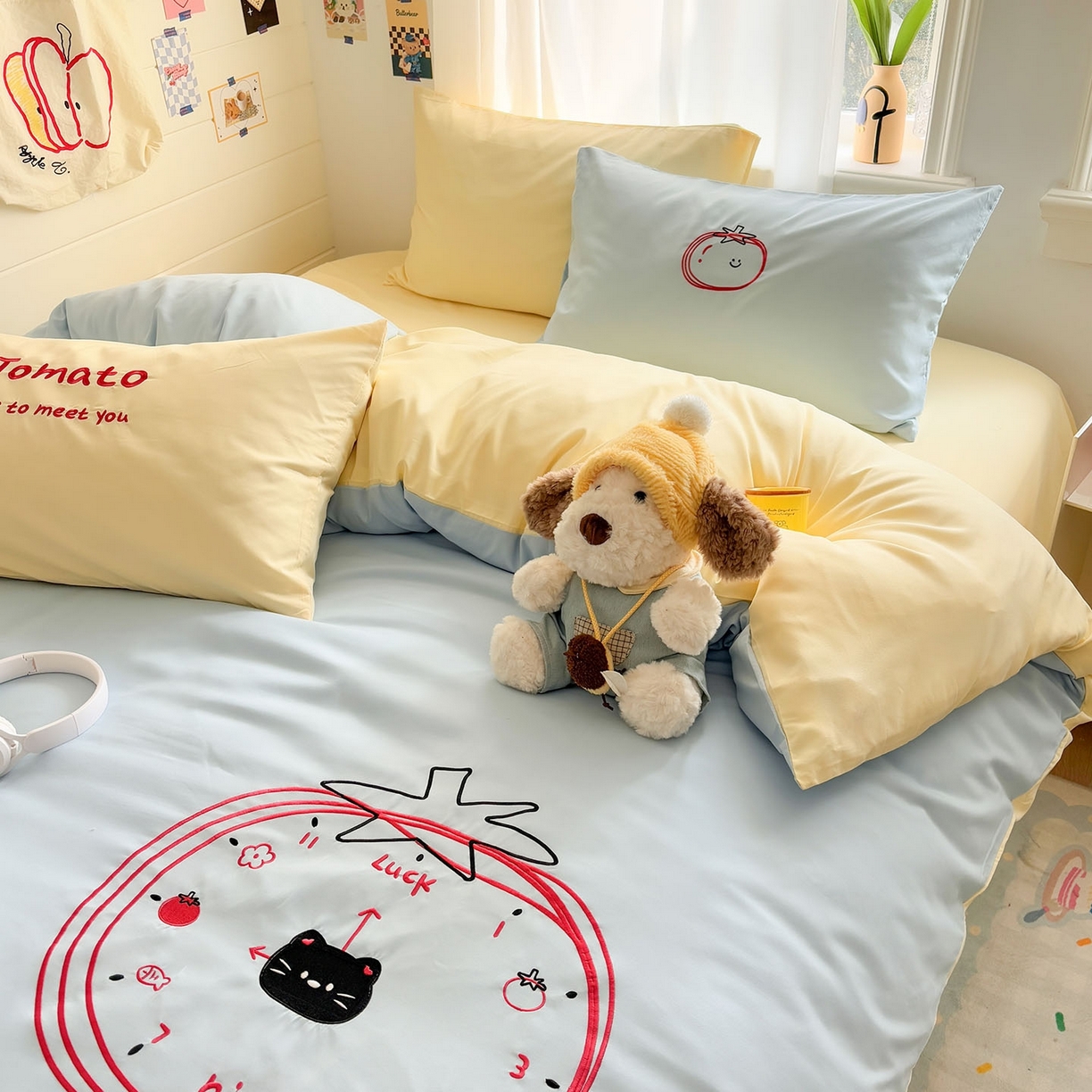 91家纺网 家纺一手货源 找家纺 我心家纺 2026新款卡通刺绣四件套 小猫番茄钟-蓝黄