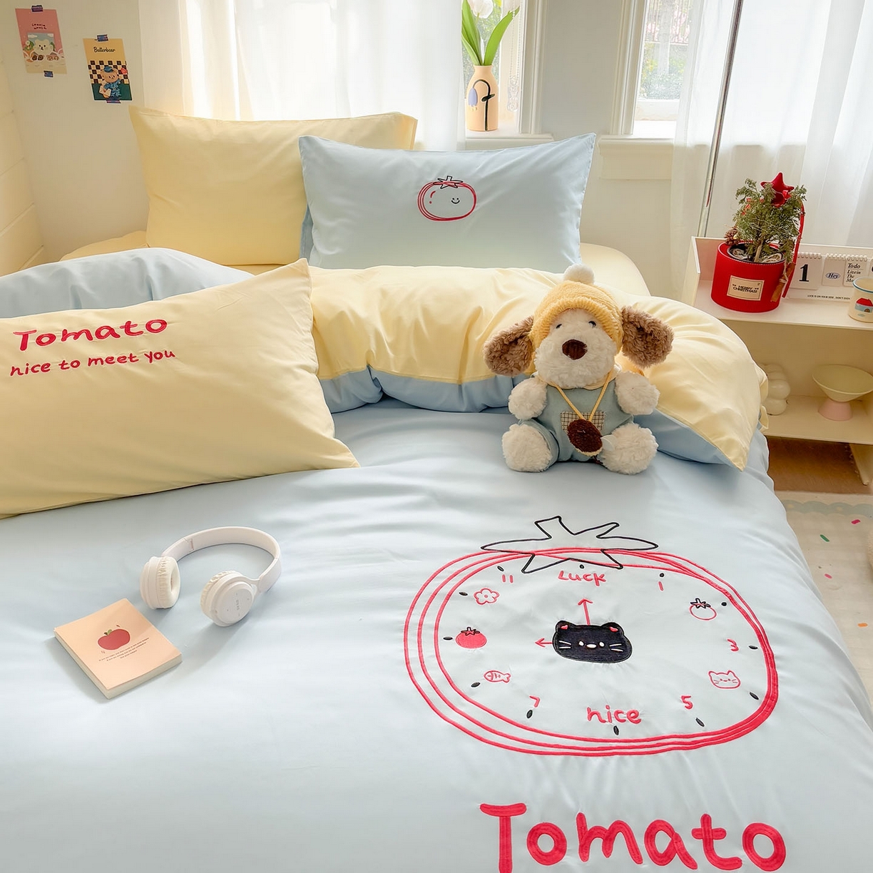 91家纺网 家纺一手货源 找家纺 我心家纺 2026新款卡通刺绣四件套 小猫番茄钟-蓝黄