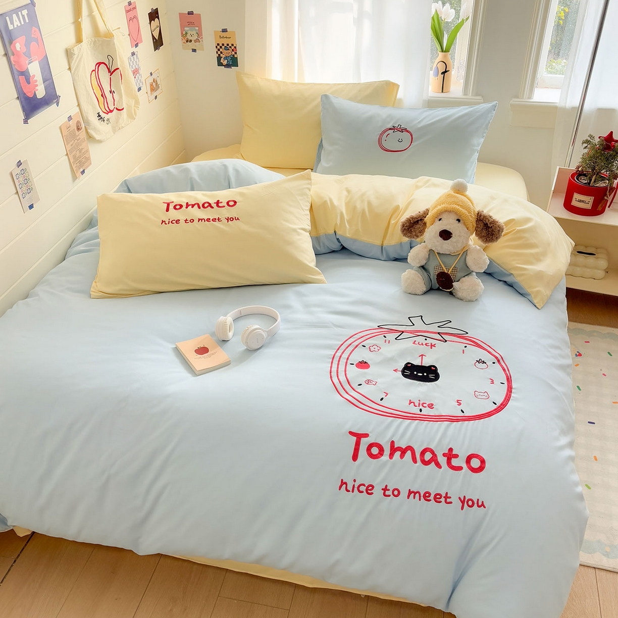 91家纺网 家纺一手货源 找家纺 我心家纺 2026新款卡通刺绣四件套 小猫番茄钟-蓝黄