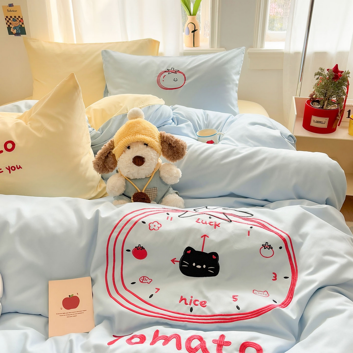 91家纺网 家纺一手货源 找家纺 我心家纺 2026新款卡通刺绣四件套 小猫番茄钟-蓝黄