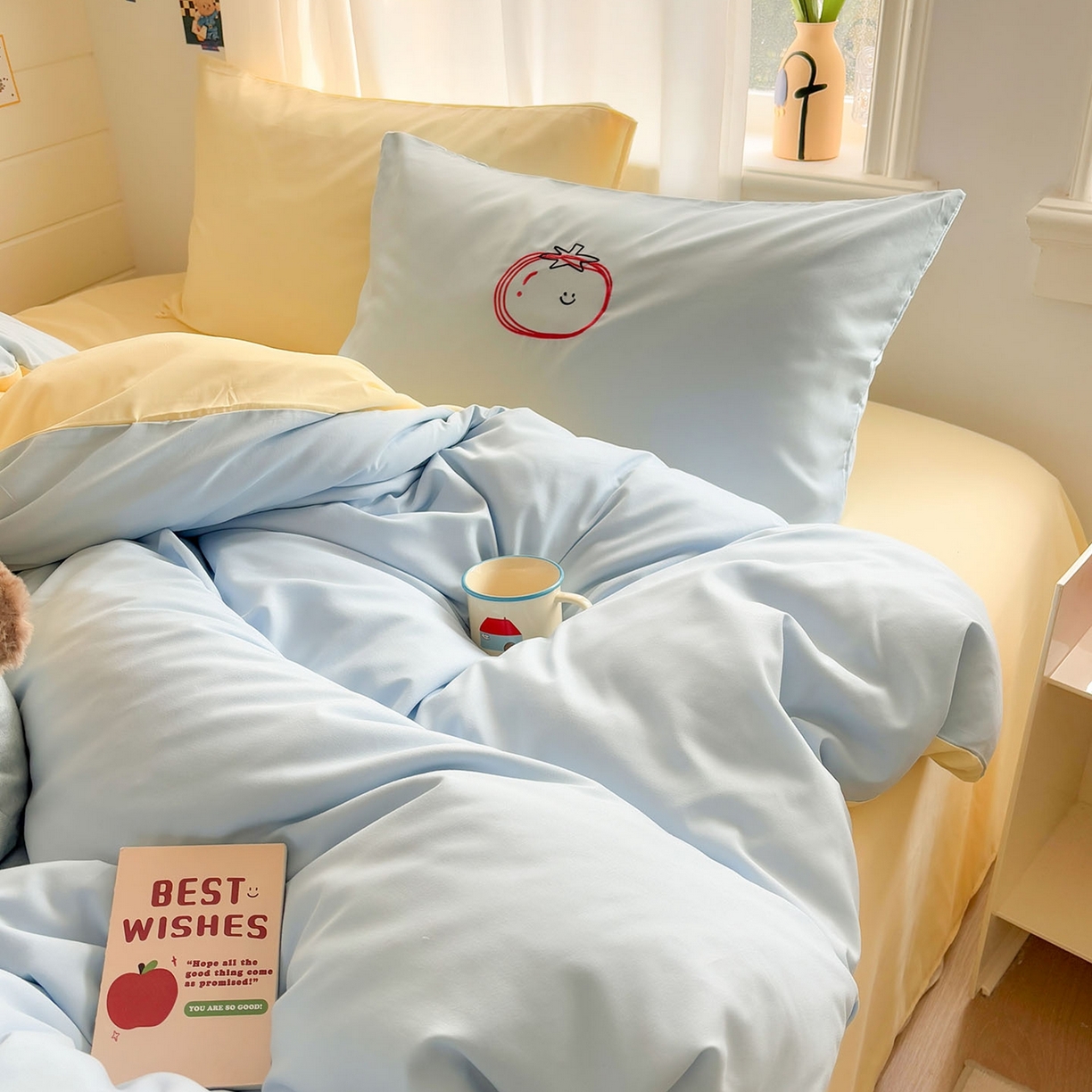 91家纺网 家纺一手货源 找家纺 我心家纺 2026新款卡通刺绣四件套 小猫番茄钟-蓝黄