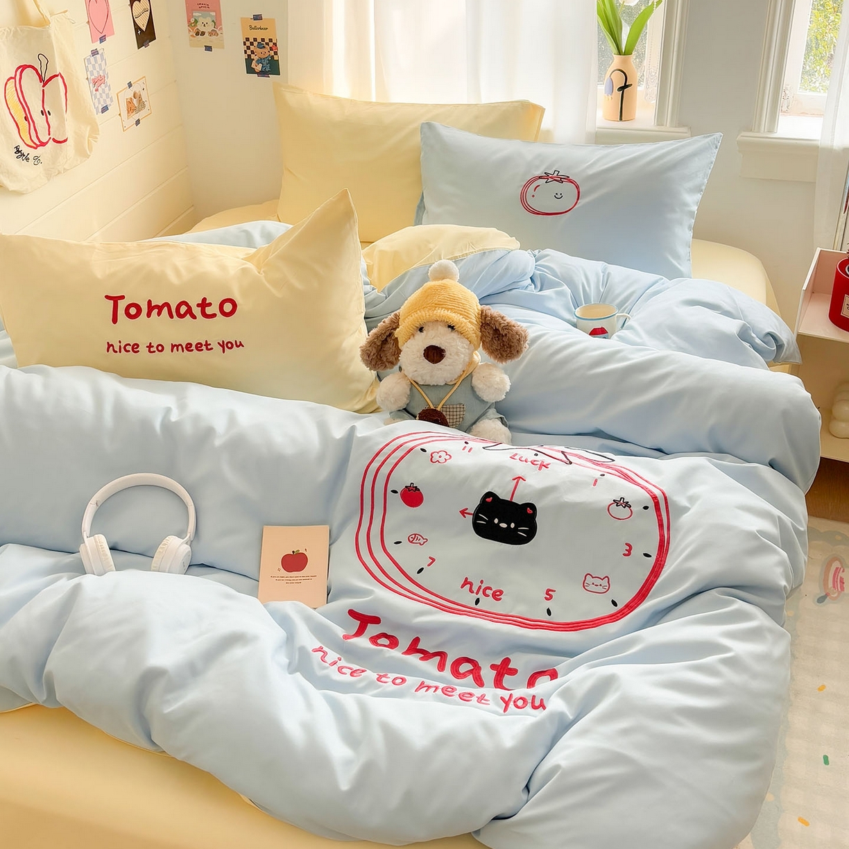 91家纺网 家纺一手货源 找家纺 我心家纺 2026新款卡通刺绣四件套 小猫番茄钟-蓝黄