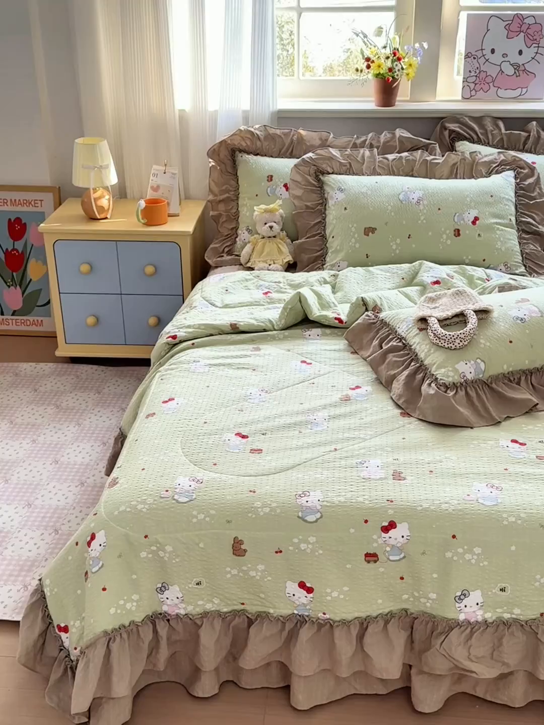 91家纺网 家纺一手货源 找家纺 禾沐 2026新款云感泡芙棉床盖夏被四件套AA款（夏被款） 小猫拉车