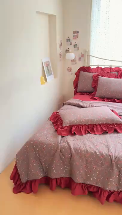 91家纺网 家纺一手货源 找家纺 梵希雅 2026新款泡芙纱床盖夏被四件套 胭脂