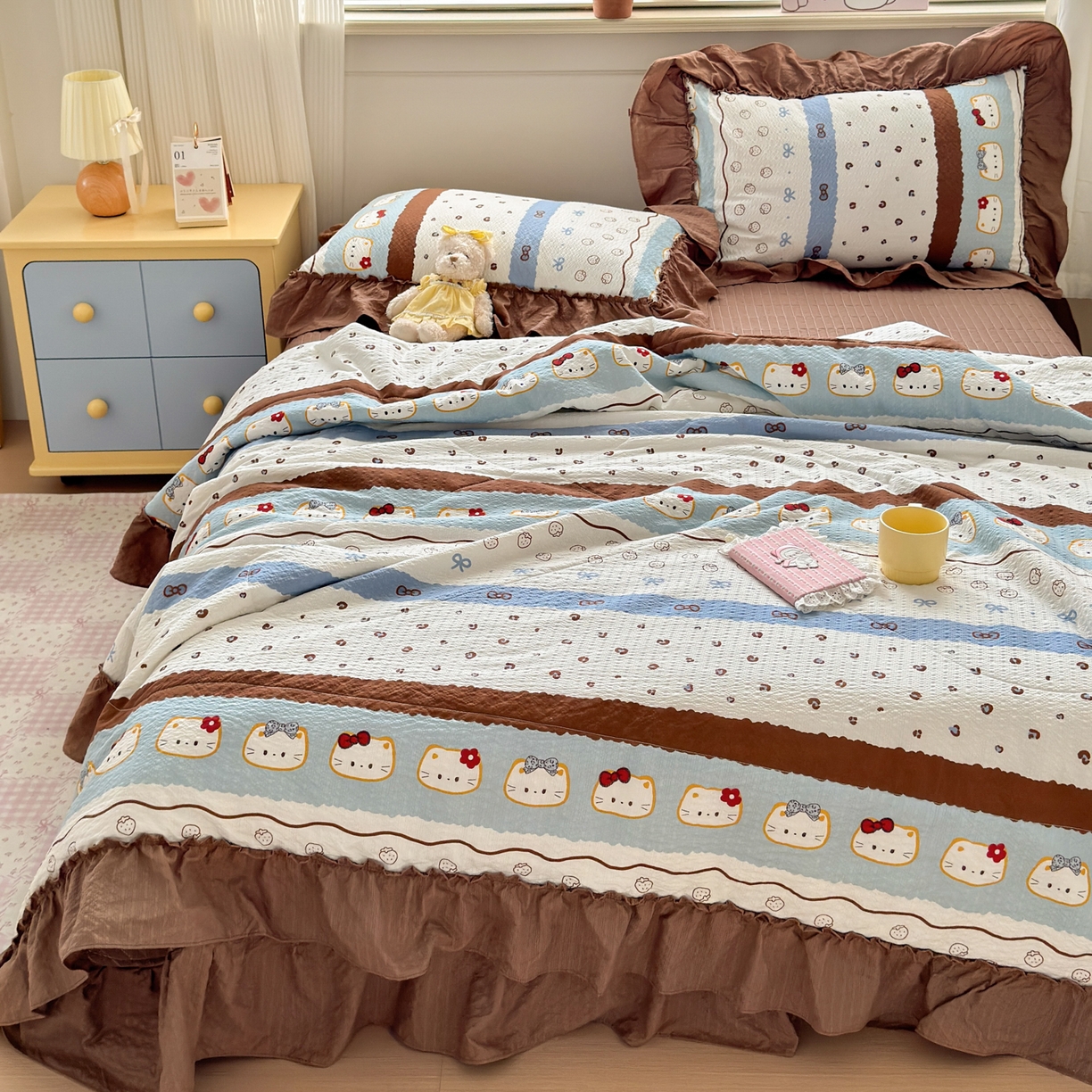 91家纺网 家纺一手货源 找家纺 禾沐 2026新款云感泡芙棉床盖夏被四件套AA款（夏被款） 小猫条