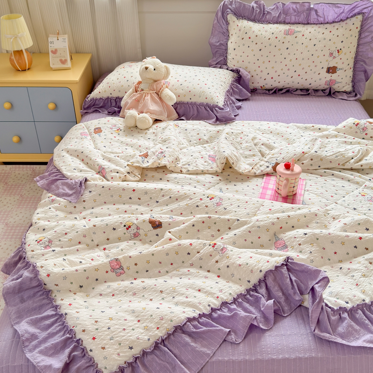 91家纺网 家纺一手货源 找家纺 禾沐 2026新款云感泡芙棉床盖夏被四件套AA款（夏被款） 星晴