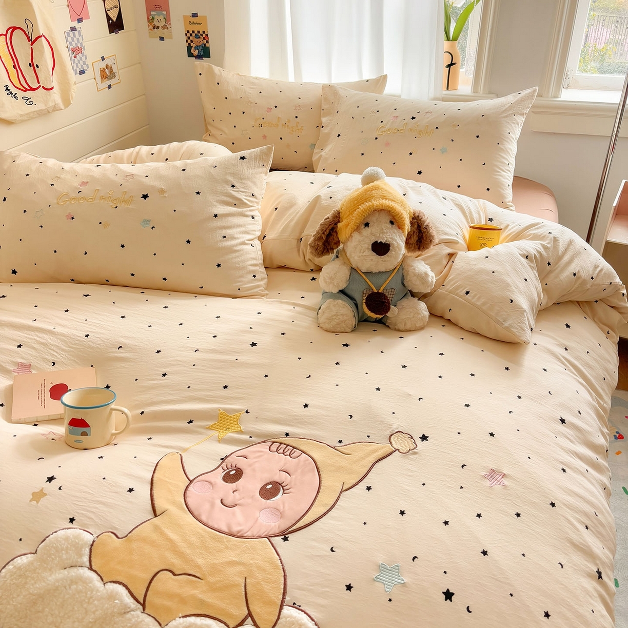 91家纺网 家纺一手货源 找家纺 我心家纺 2026新款卡通刺绣四件套 小萌宝-咖