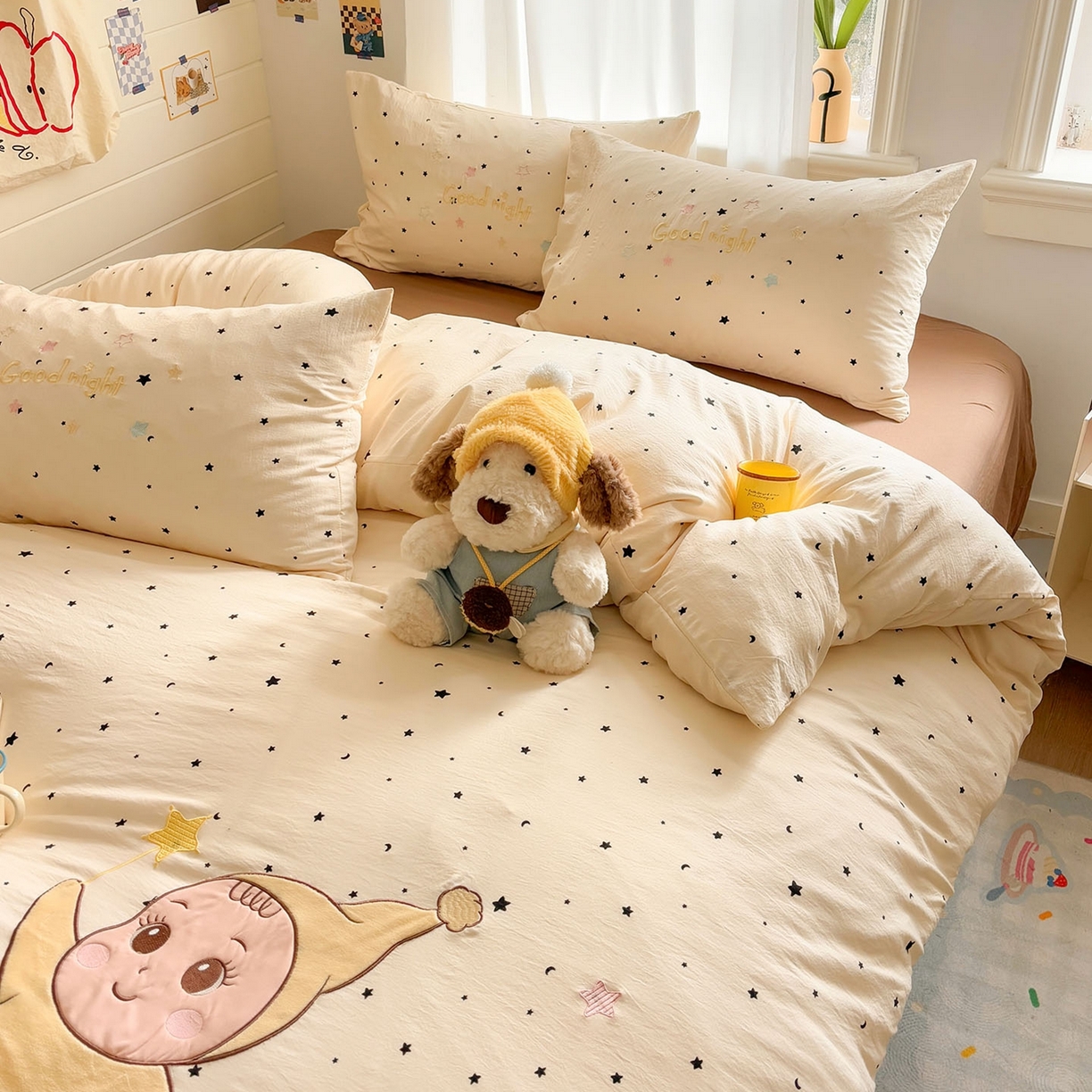 91家纺网 家纺一手货源 找家纺 我心家纺 2026新款卡通刺绣四件套 小萌宝-咖