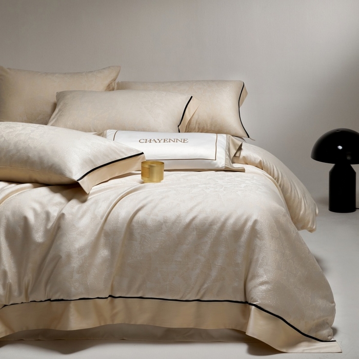 91家纺网 家纺一手货源 找家纺 金奇达家纺 2026新款丝光色织提花四件套-蝶梦浮光系列（标准号全网控价（折后券后）不低于359元 会员减50） 蝶梦浮光-奶昔杏