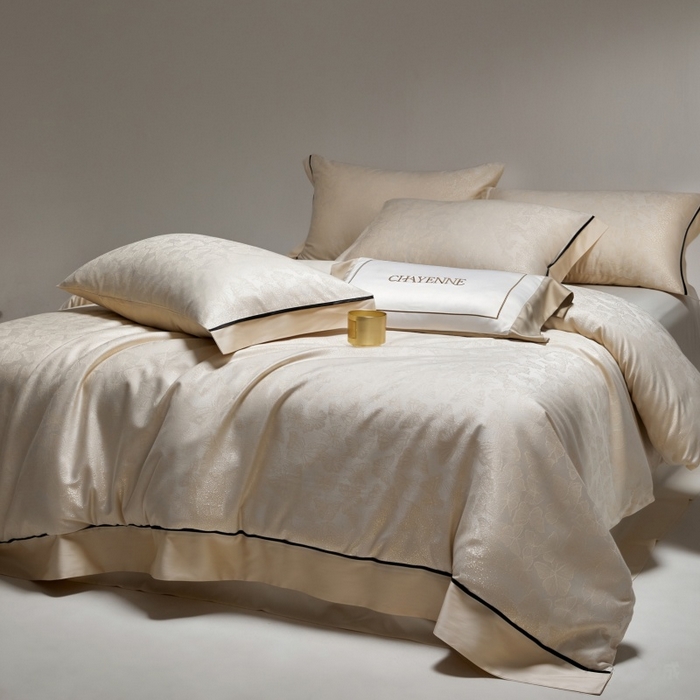 91家纺网 家纺一手货源 找家纺 金奇达家纺 2026新款丝光色织提花四件套-蝶梦浮光系列（标准号全网控价（折后券后）不低于359元 会员减50） 蝶梦浮光-奶昔杏